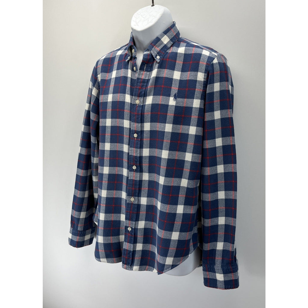 Ralph Lauren Flannel Shirt Mens L Classic Fit Blue White Red Plaid Check Preppy