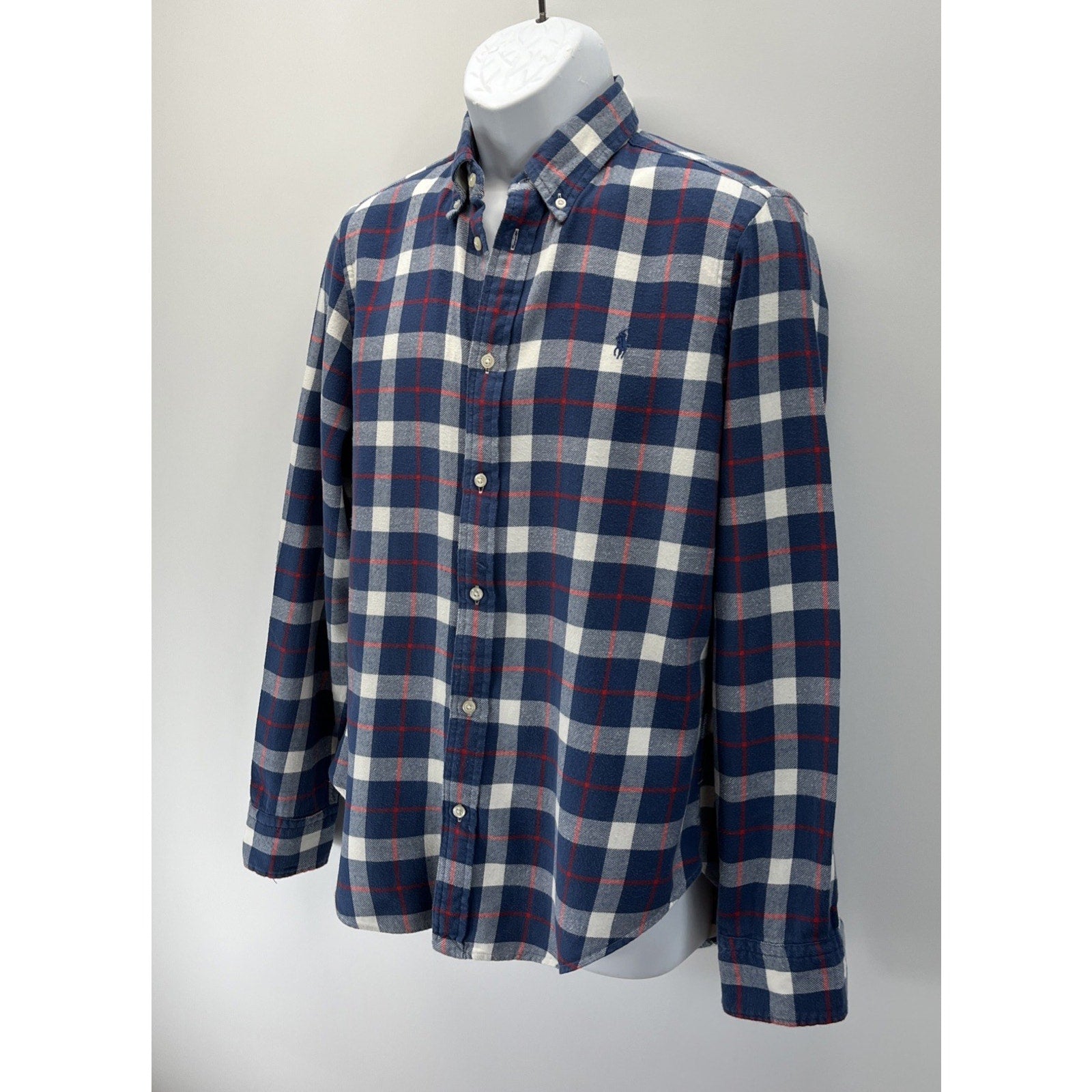 Ralph Lauren Flannel Shirt Mens L Classic Fit Blue White Red Plaid Check Preppy