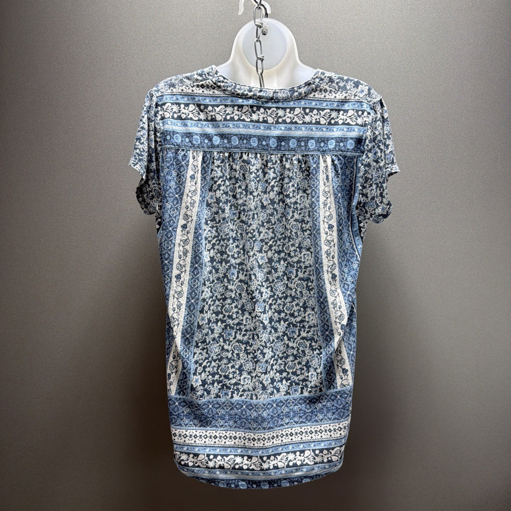 Womens Large Lucky Brand Short Sleeve Notch Neck Floral Shirt Top Blue White