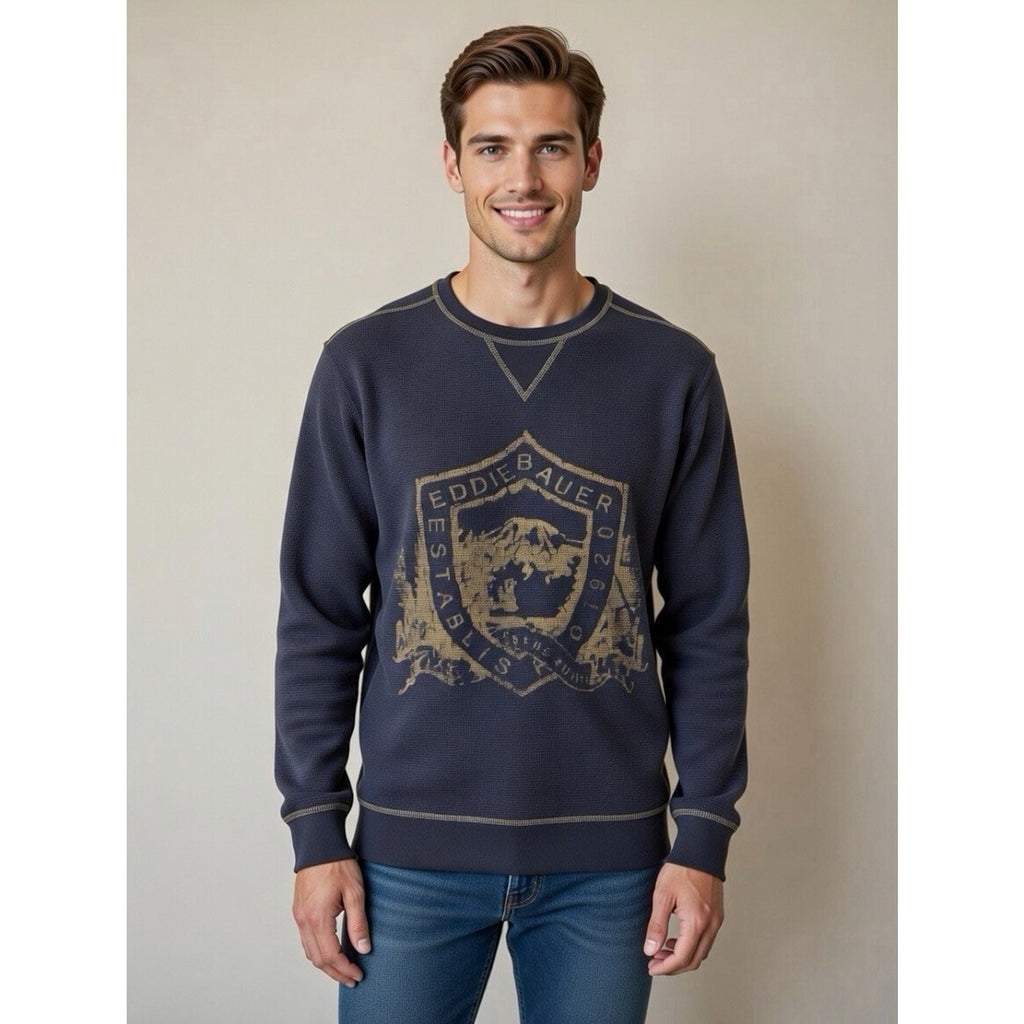 Men's Navy Blue Eddie Bauer Waffle Knit Shirt Long Sleeve 100% Cotton Size M Y2K