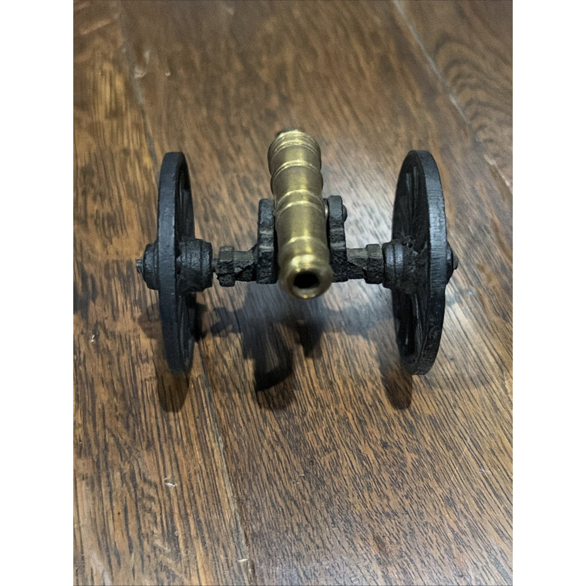 Miniature Cannon Brass Barrel Black Metal Carriage Spoked Wheels Military Decor