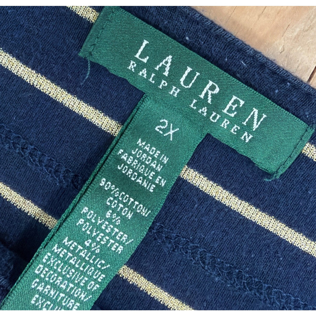 Lauren Ralph Lauren Navy Blue Gold Stripe Top Size 2X Sleeve Pocket Crest Logo