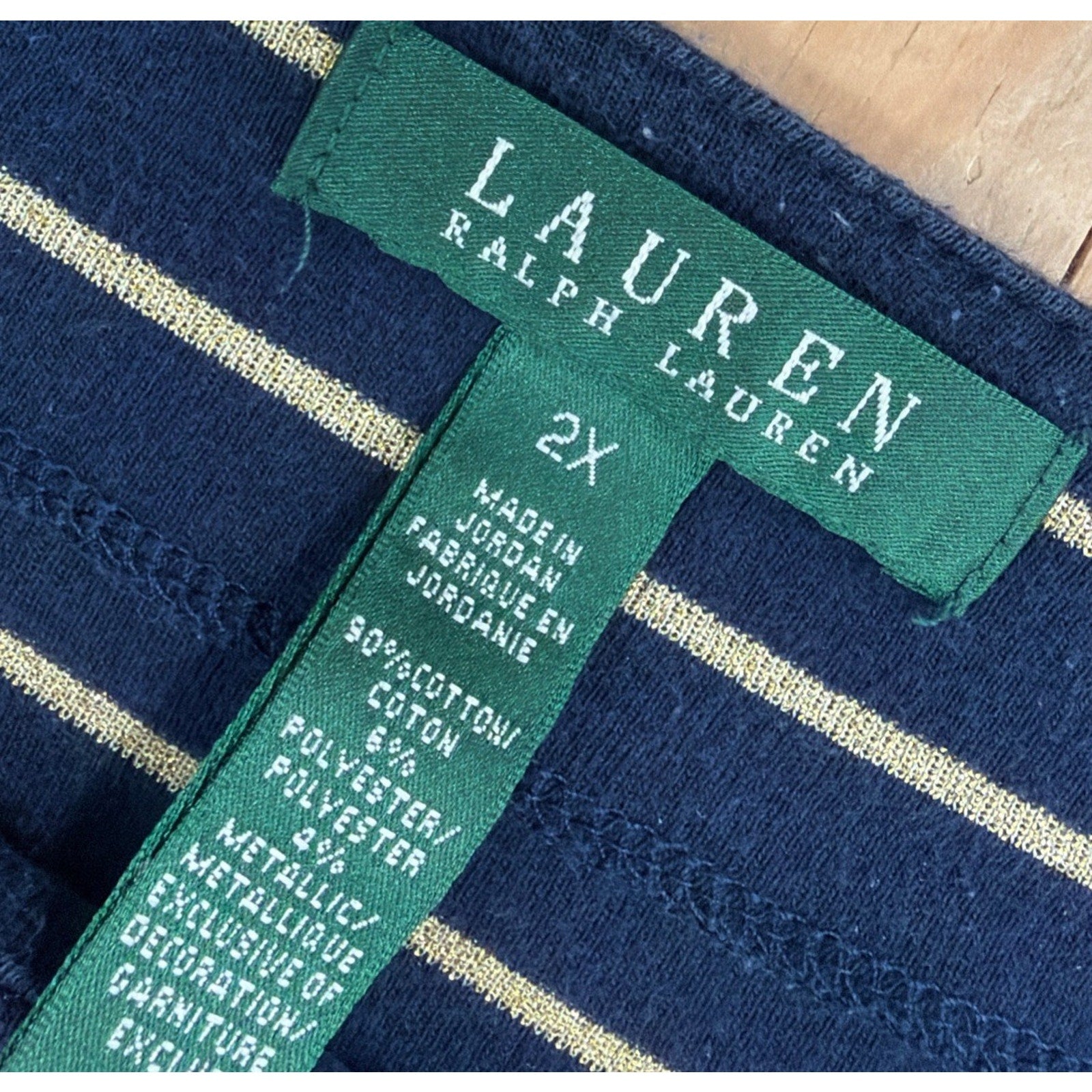 Lauren Ralph Lauren Navy Blue Gold Stripe Top Size 2X Sleeve Pocket Crest Logo