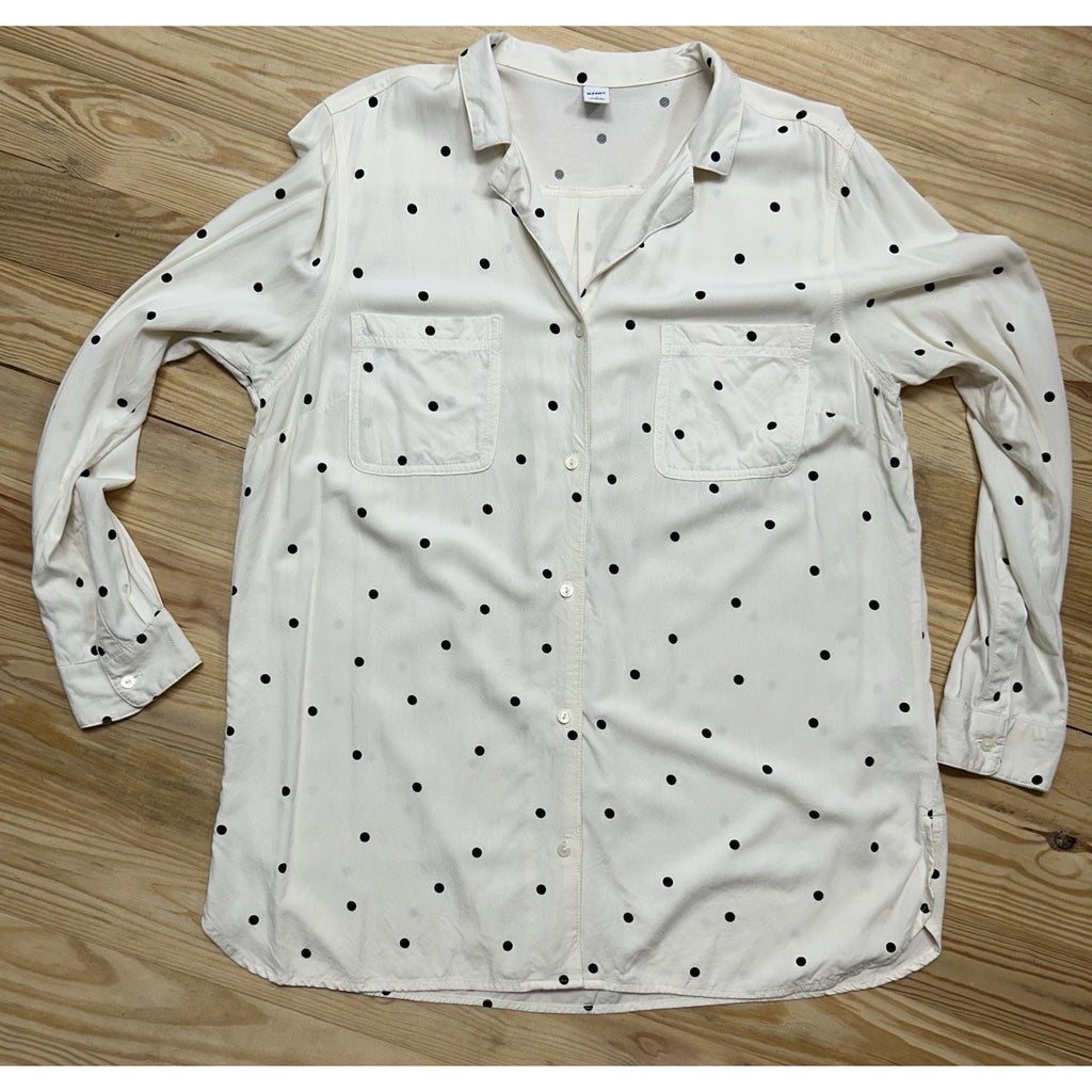 OLD NAVY Women’s Sz L Cream Polka Dot Button Up 2 Pocket Long Sleeve Blouse.