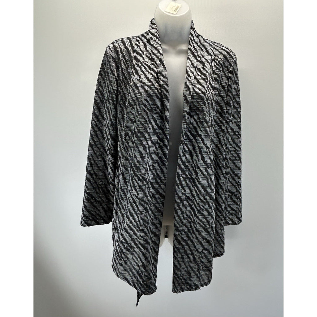 Chico’s Women’s Sz 0 Open Long Front Black & Grey Pattern Cardigan Made In USA.