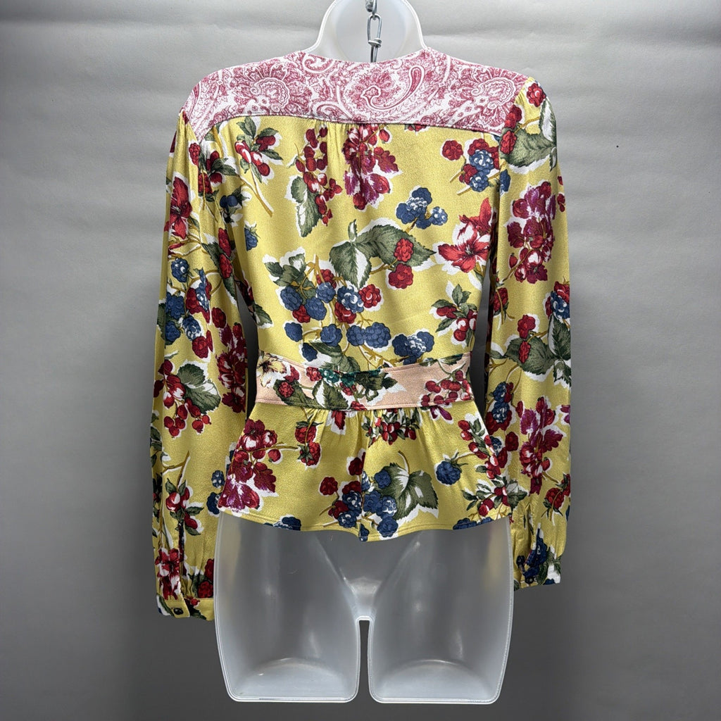 Anthropologie Meadow Rue Floral Patchwork Wrap Top Blouse Long Sleeve Tie Size 2