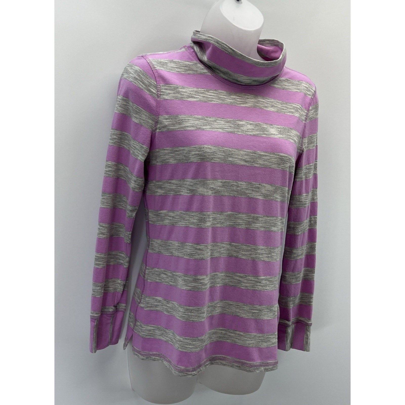 T by Talbots Women's Pink Grey Stripe Mock Neck Long Sleeve Pullover Size PS Top