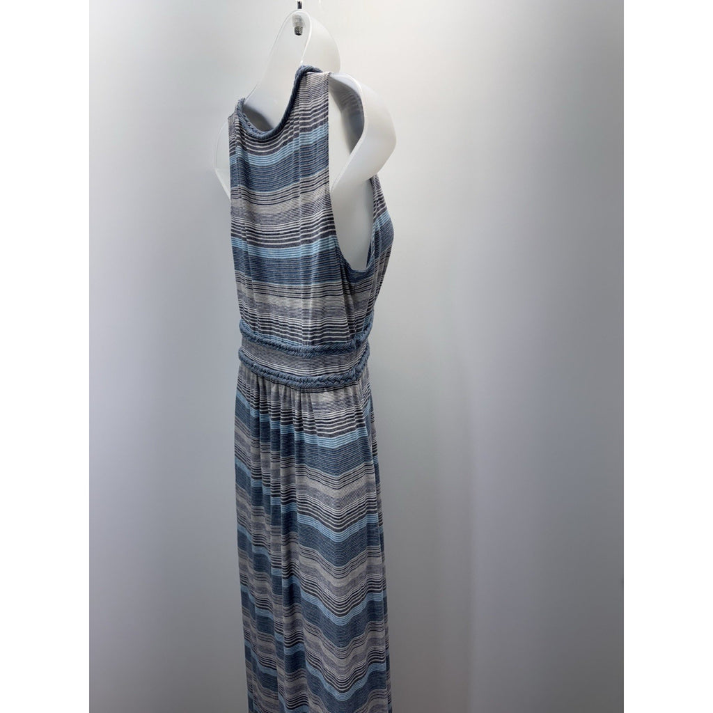 Max Studio Dress Blue Gray Striped S Stretch Maxi V-Neck