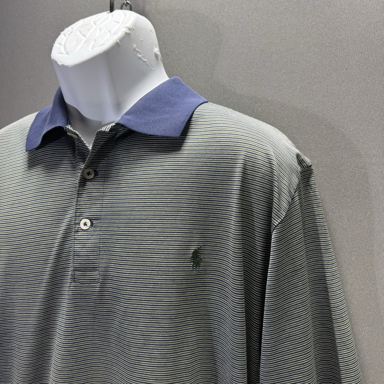 Polo Golf Ralph Lauren Mens L 100% Pima Cotton Striped Polo Shirt Navy Green