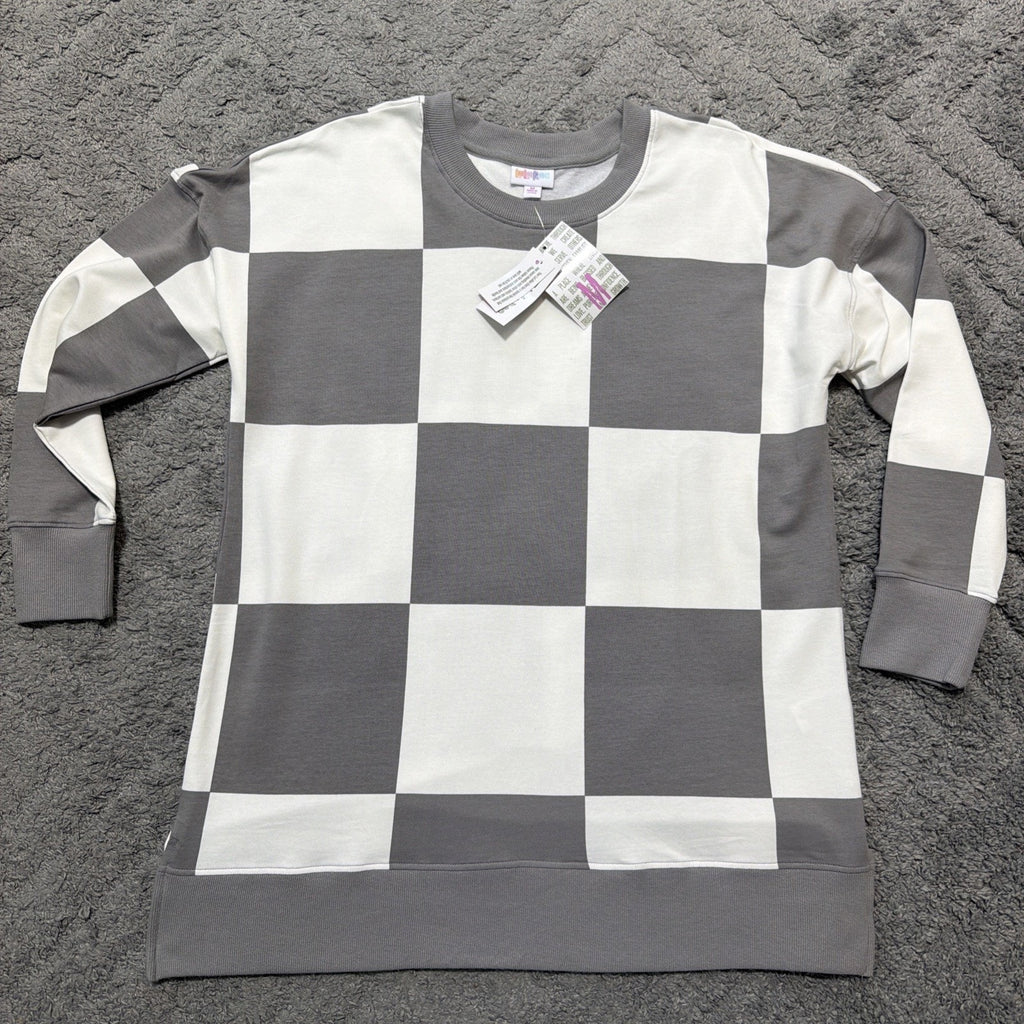 HANNAH LuLaRoe GRAY & WHITE CHECKERBOARD Size M Crewneck Sweatshirt