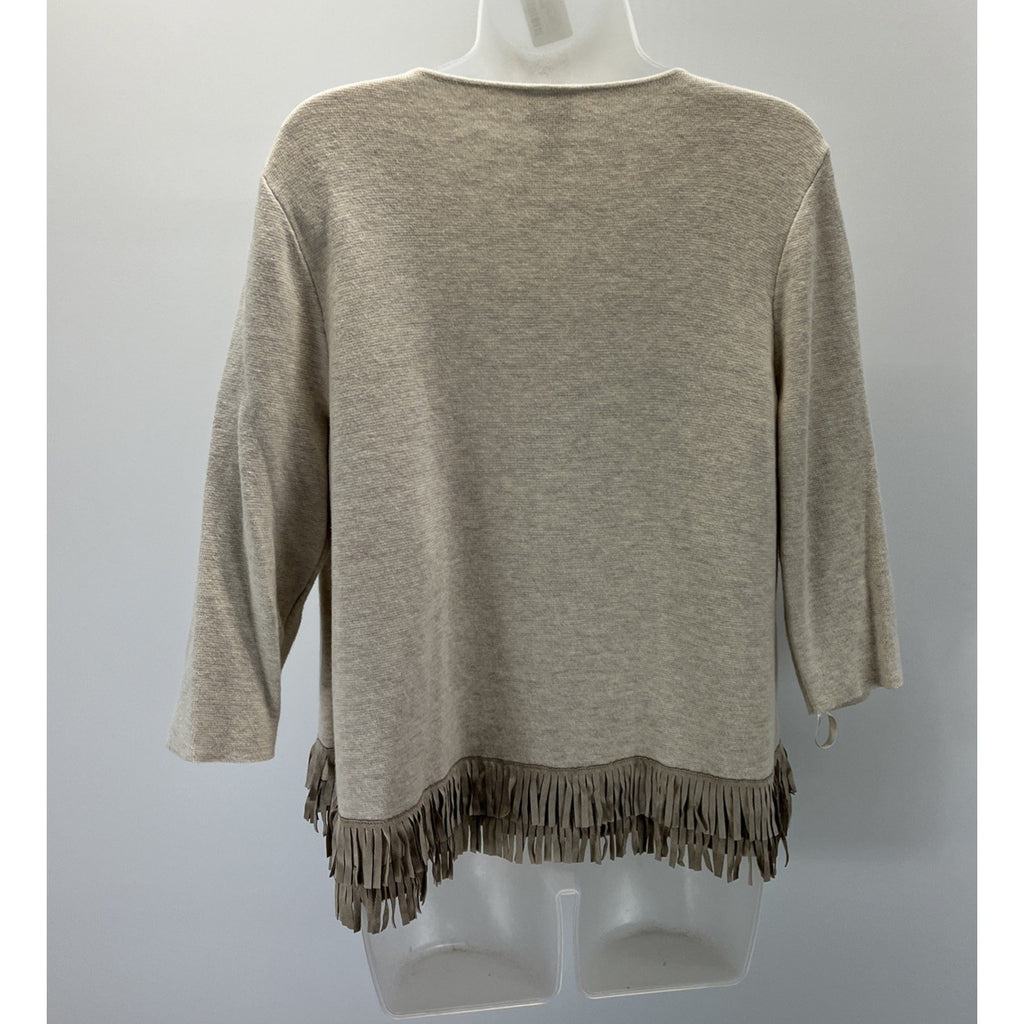 Chicos 3 Beige Open 3/4 Sleeve Open Knit Cardigan Fringe Suede Detail