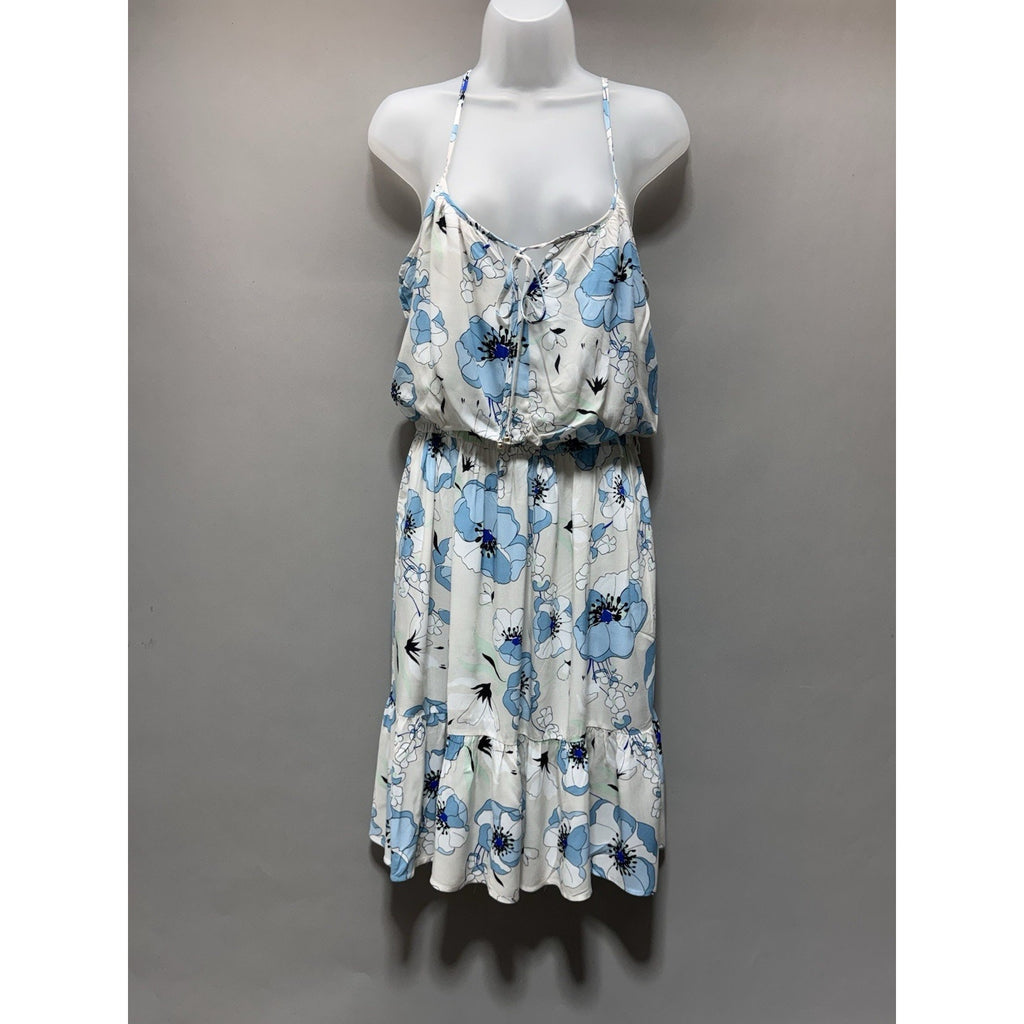 Calvin Klein Women’s Floral Sleeveless Dress Size 10 Blue White Tiered Tie Neck