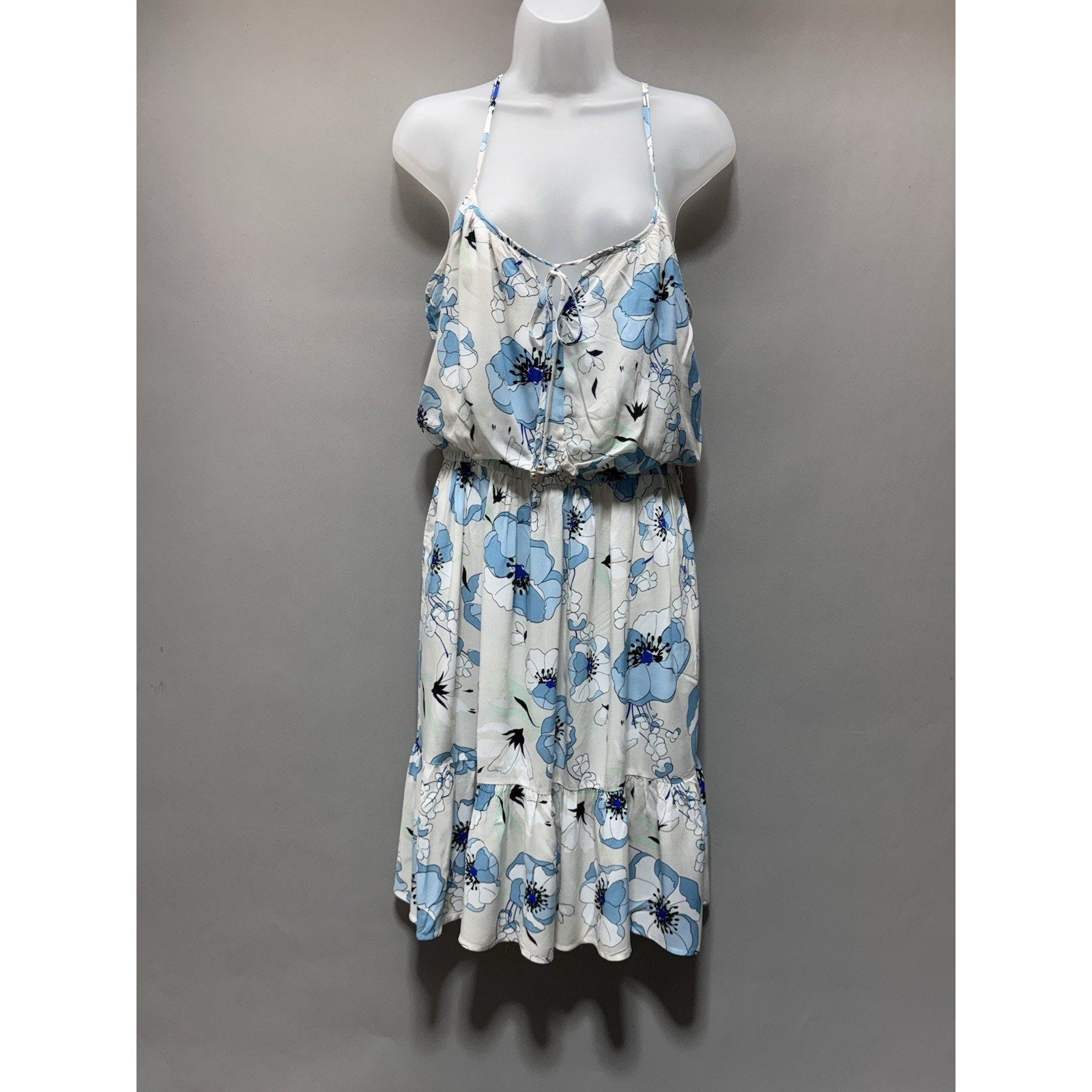 Calvin Klein Women’s Floral Sleeveless Dress Size 10 Blue White Tiered Tie Neck