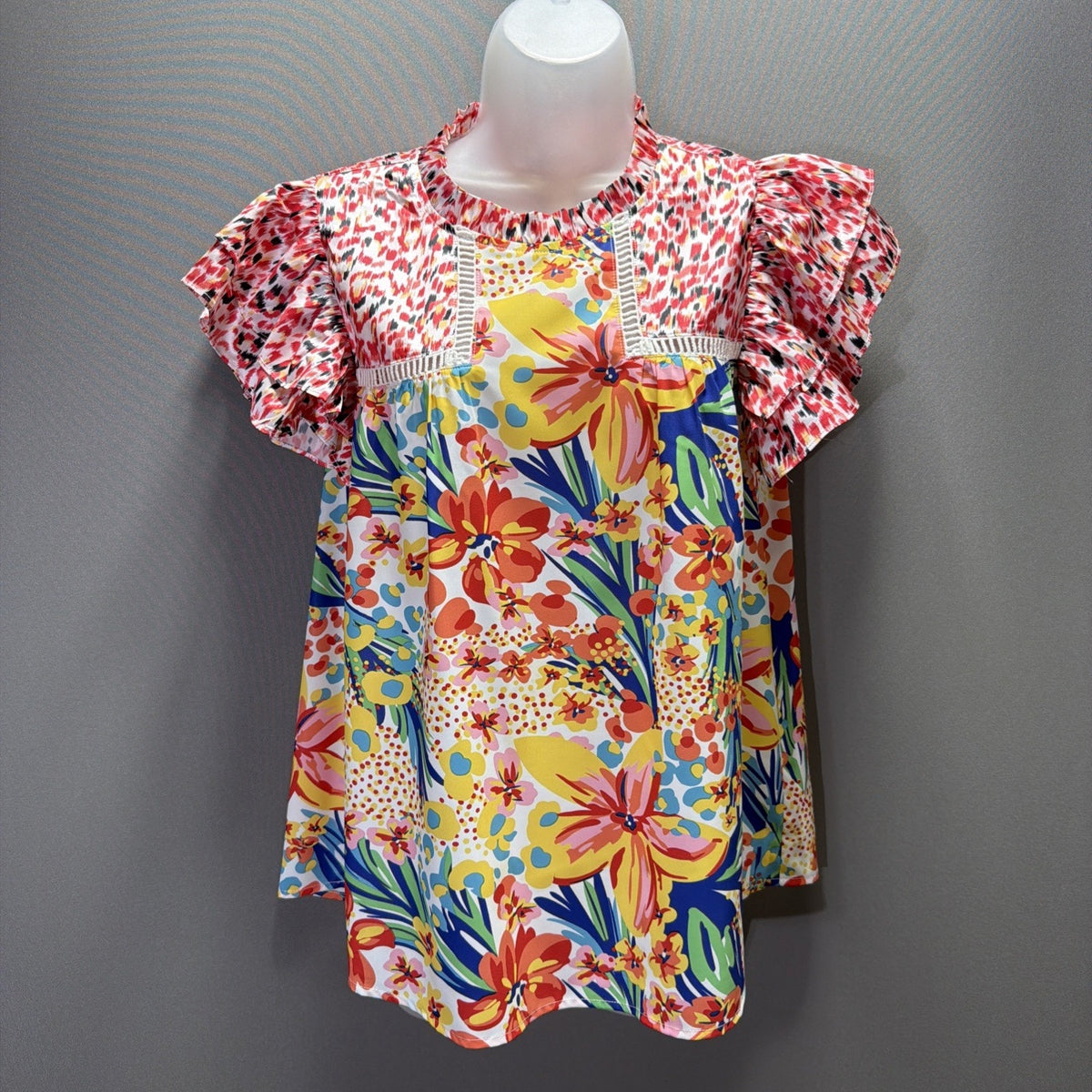 JodiFL Floral Crotchet Ruffle Sleeve Blouse Top Sz Small