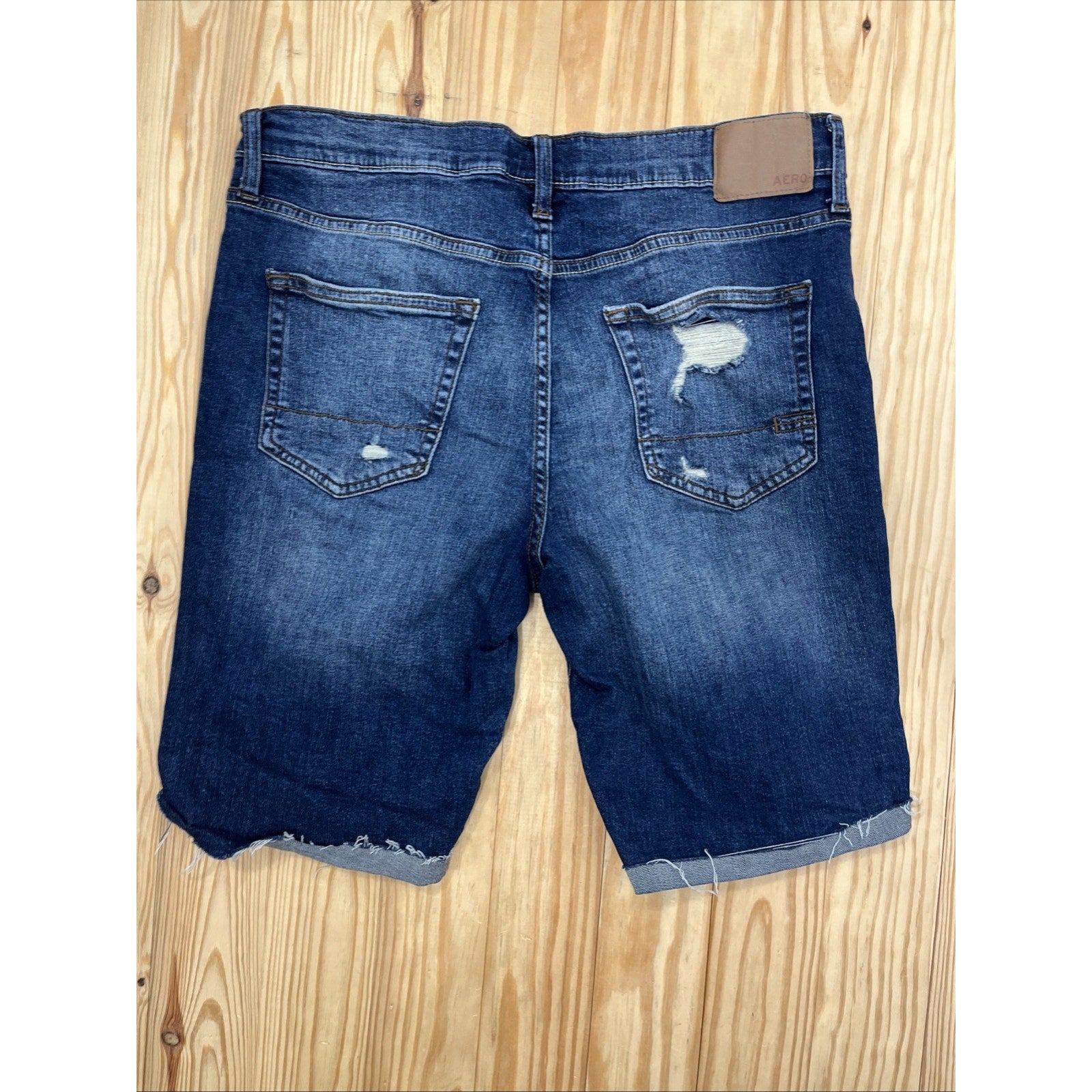 Aeropostale Shorts Mens 31 Blue Slim Cuffed Bermuda Distressed Medium Wash Denim