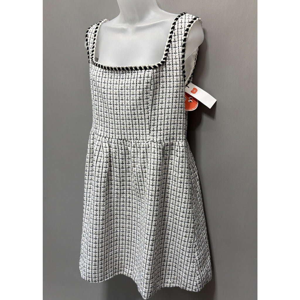 CIDER Women’s L Tweed Mini Dress Black White Plaid Square Neck Sleeveless NWT