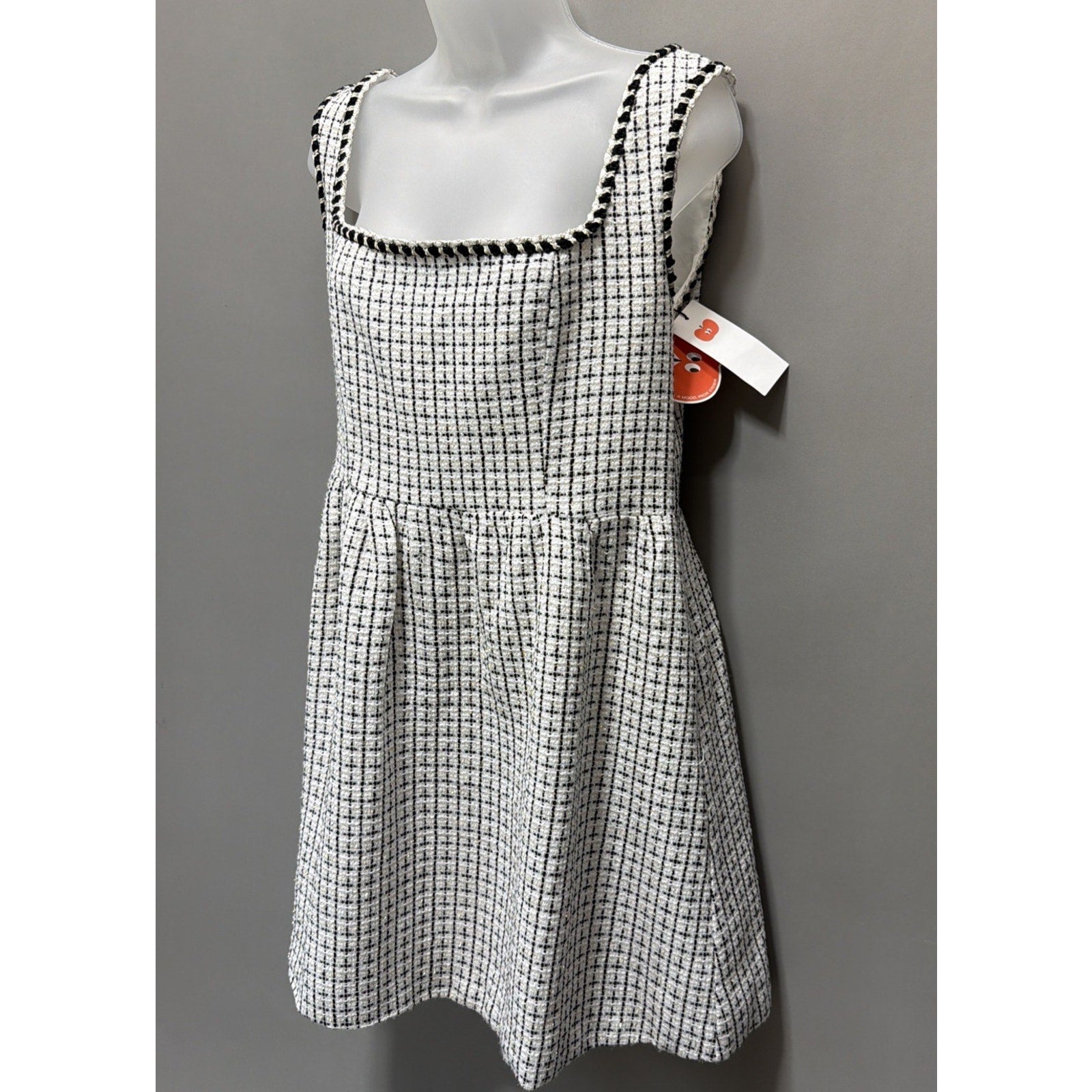 CIDER Women’s L Tweed Mini Dress Black White Plaid Square Neck Sleeveless NWT