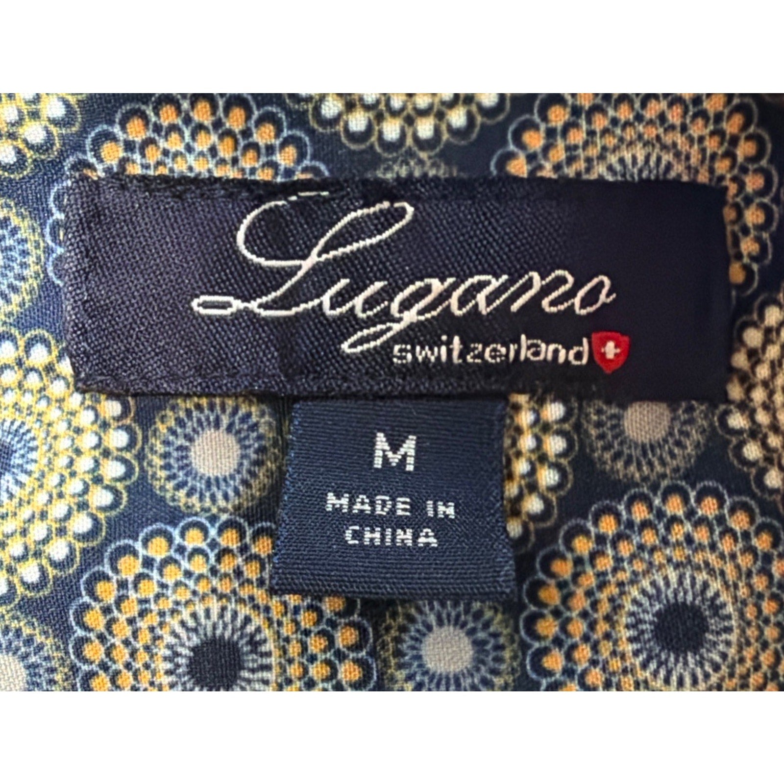 LUGANO Switzerland Multi Color Dot Print Button Down Dress Shirt Stretch Size M