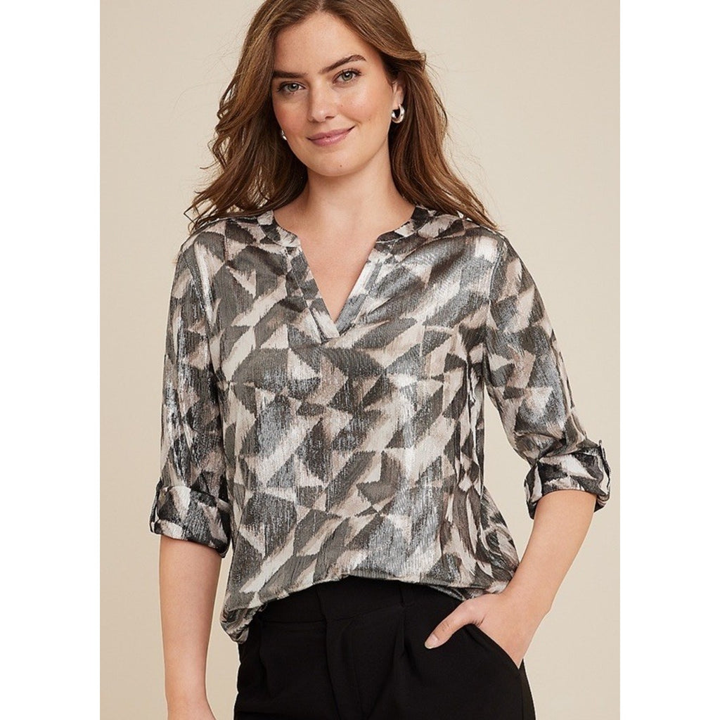 Maurices Atwood Geo Metallic 3/4 Sleeve Popover Blouse Size Small NWT