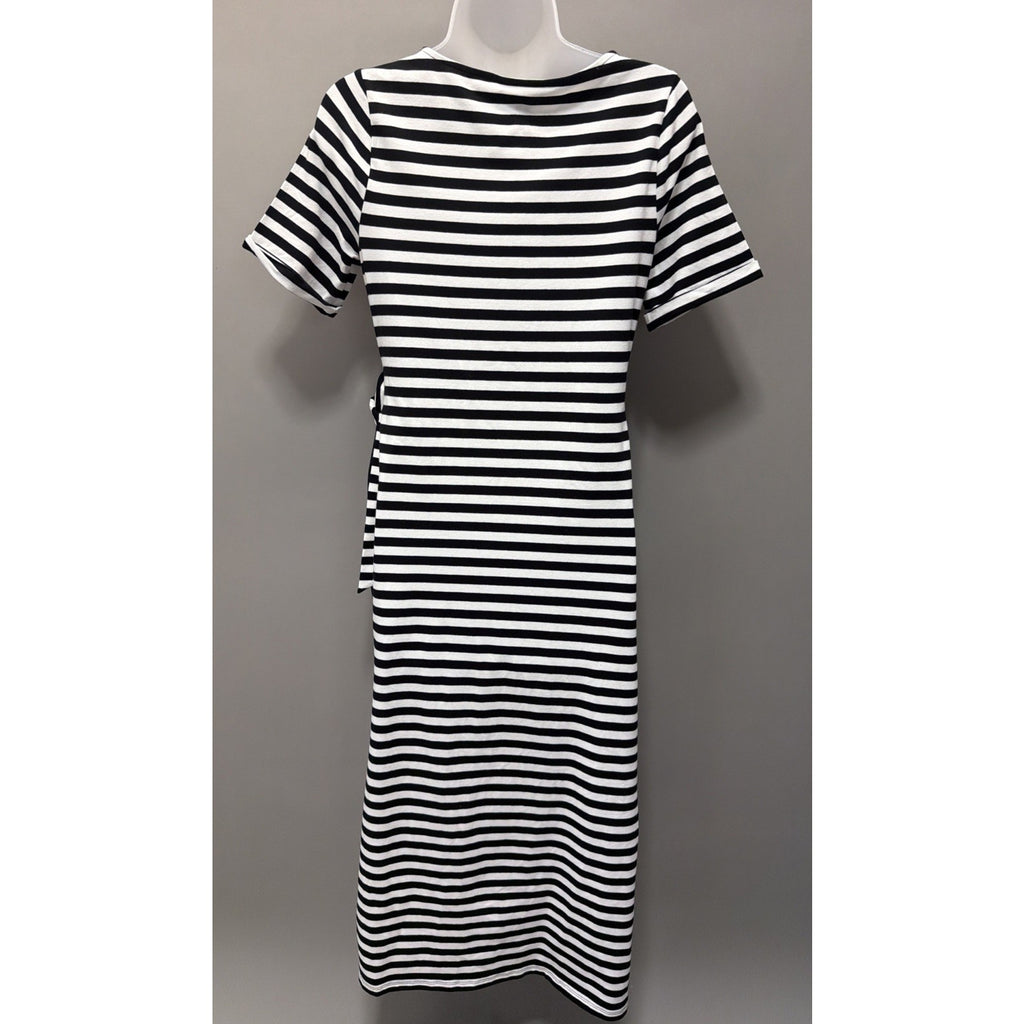 On 34th WM Black White Stripe Short Sleeve Tie Waist Midi Dress Small New
