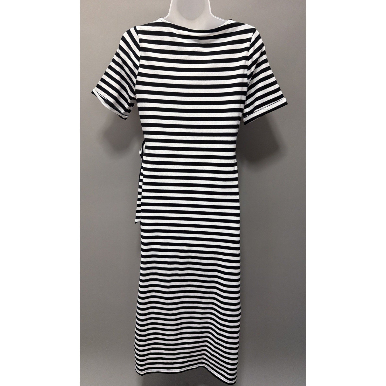 On 34th WM Black White Stripe Short Sleeve Tie Waist Midi Dress Small New