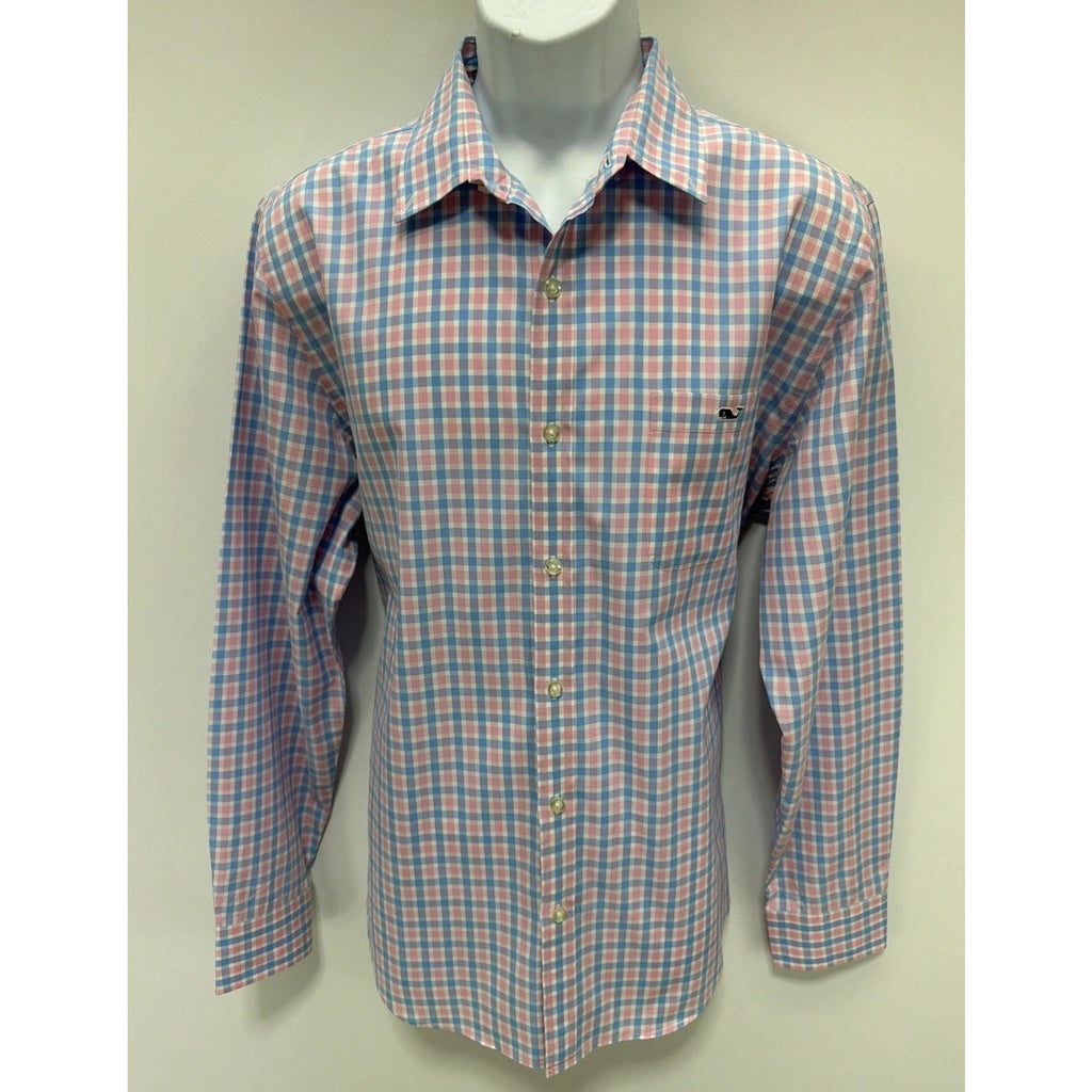 Vineyard Vines Plaid Slim Fit Tucker Shirt L Large Blue White Pink Button Up