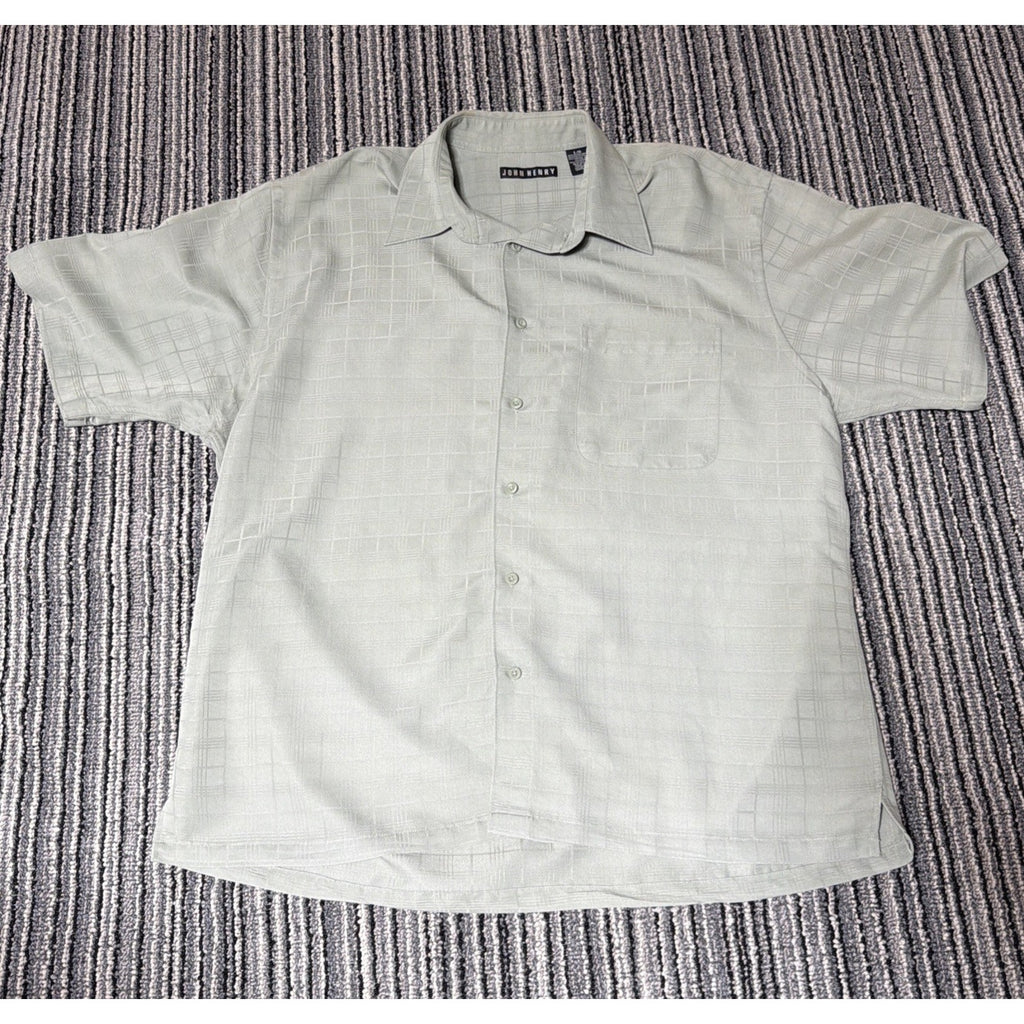 Vintage John Henry Mens Button Up Shirt XL Green Windowpane Short Sleeve