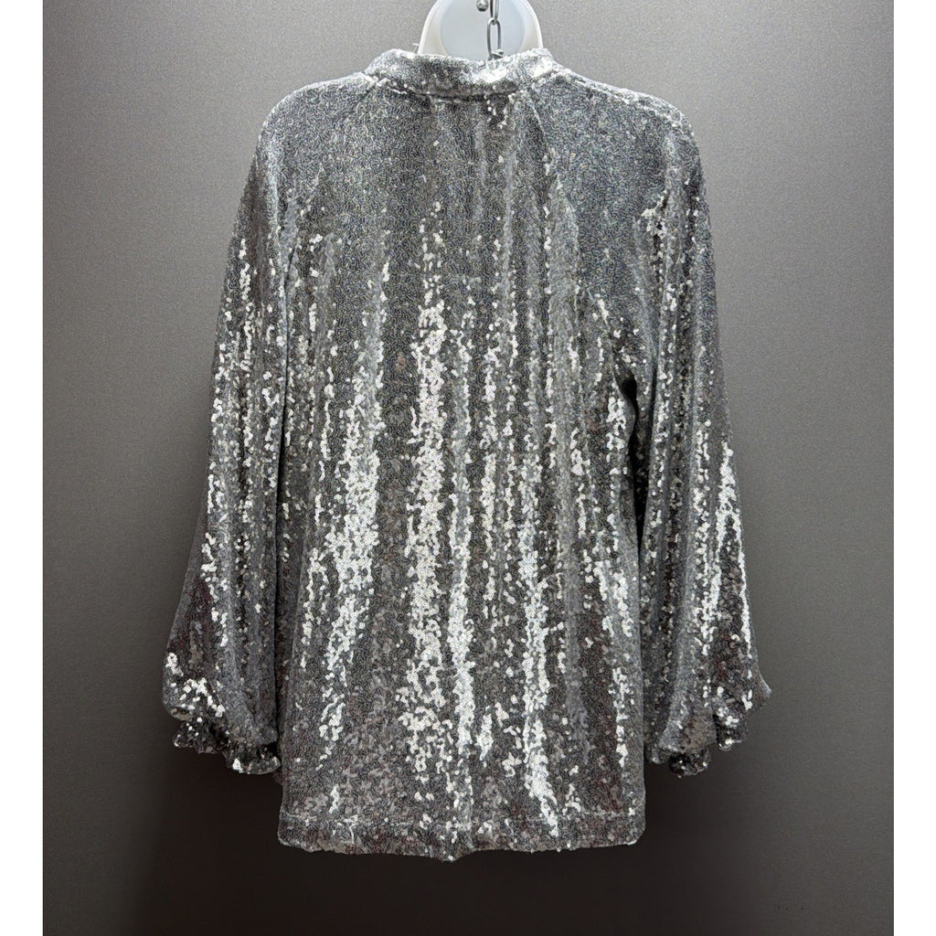 Crown & Ivy Silver Sequin Blouse 1X Lined Stretch Top Balloon Sleeve Sparkle NWT