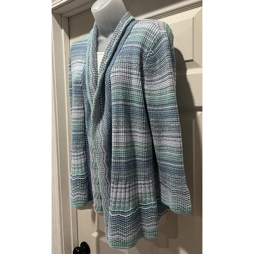Alfred Dunner Womens S Seafoam Glitter Striped Cardigan Sweater