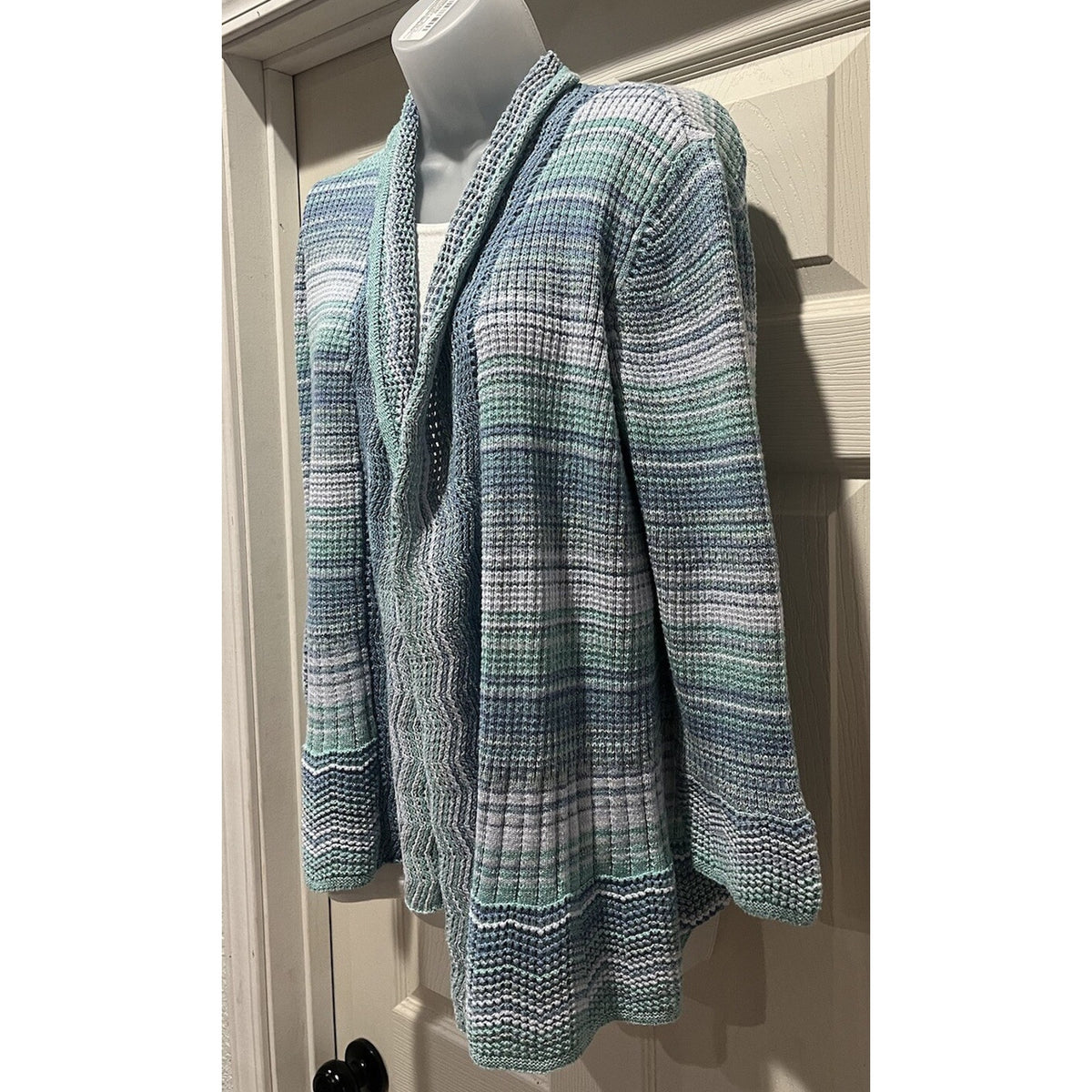 Alfred Dunner Womens S Seafoam Glitter Striped Cardigan Sweater