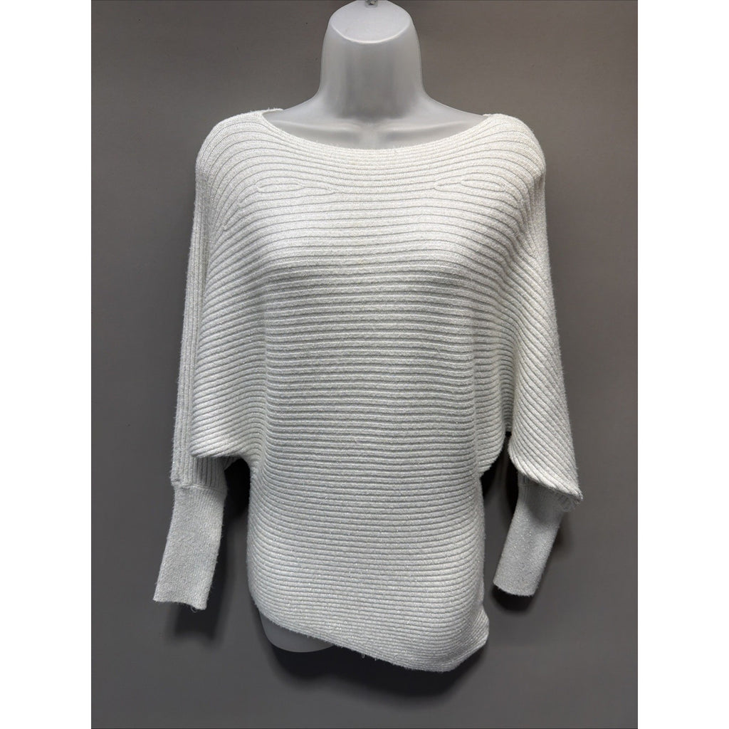 Express Women's White Shimmer Oversized Sweater Boat Neck Dolman Sleeves XS