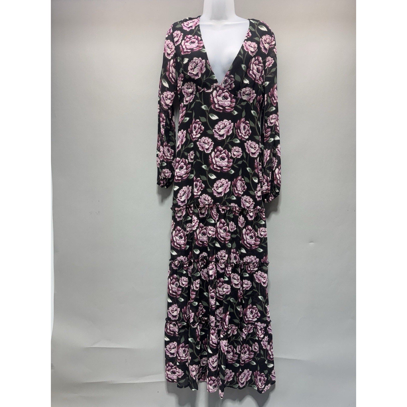 NWT Forever 21 Floral Maxi Dress Womens Small Black Pink Long Sleeve Cottagecore