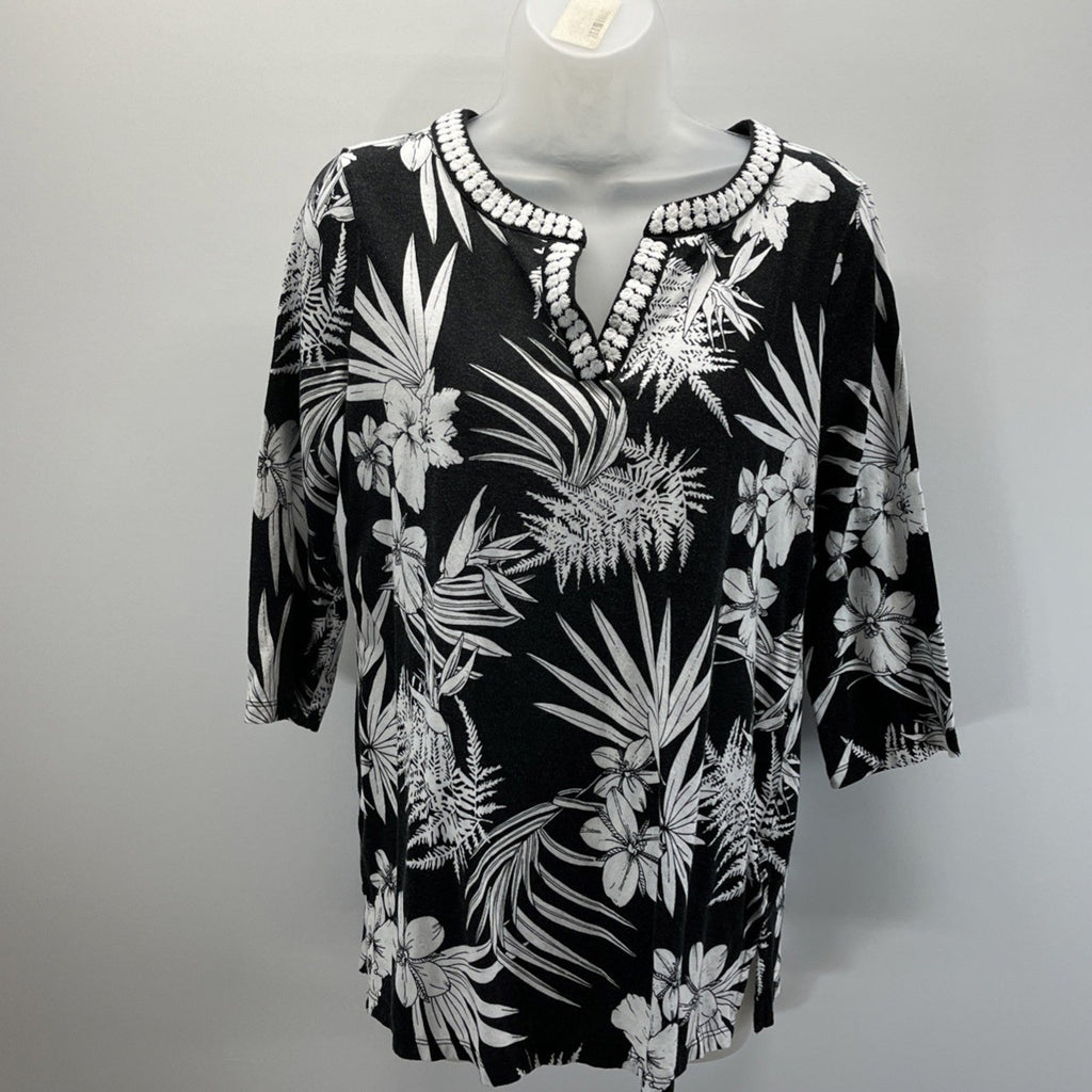 TALBOTS Black & White Floral Embroidered 3/4 Sleeve Tunic Top Size Small