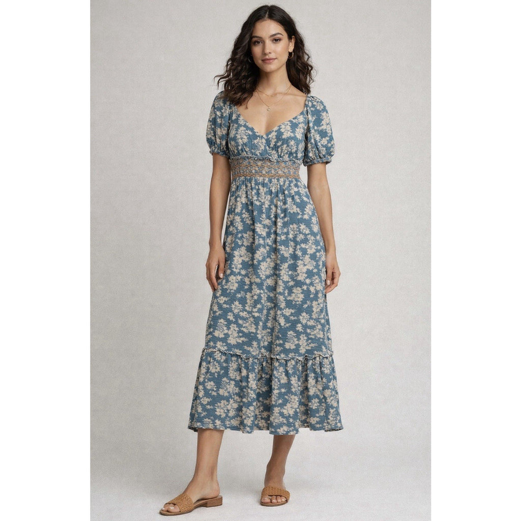 Free People Blue Cream Floral Smocked Puff Sleeve Midi Dress Women’s Medium Boho