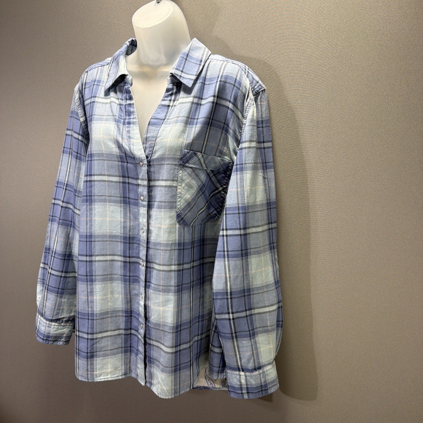 Style & Co Womens XXL Blue Plaid Pearl Snap Roll Tab Sleeves Western Shirt New