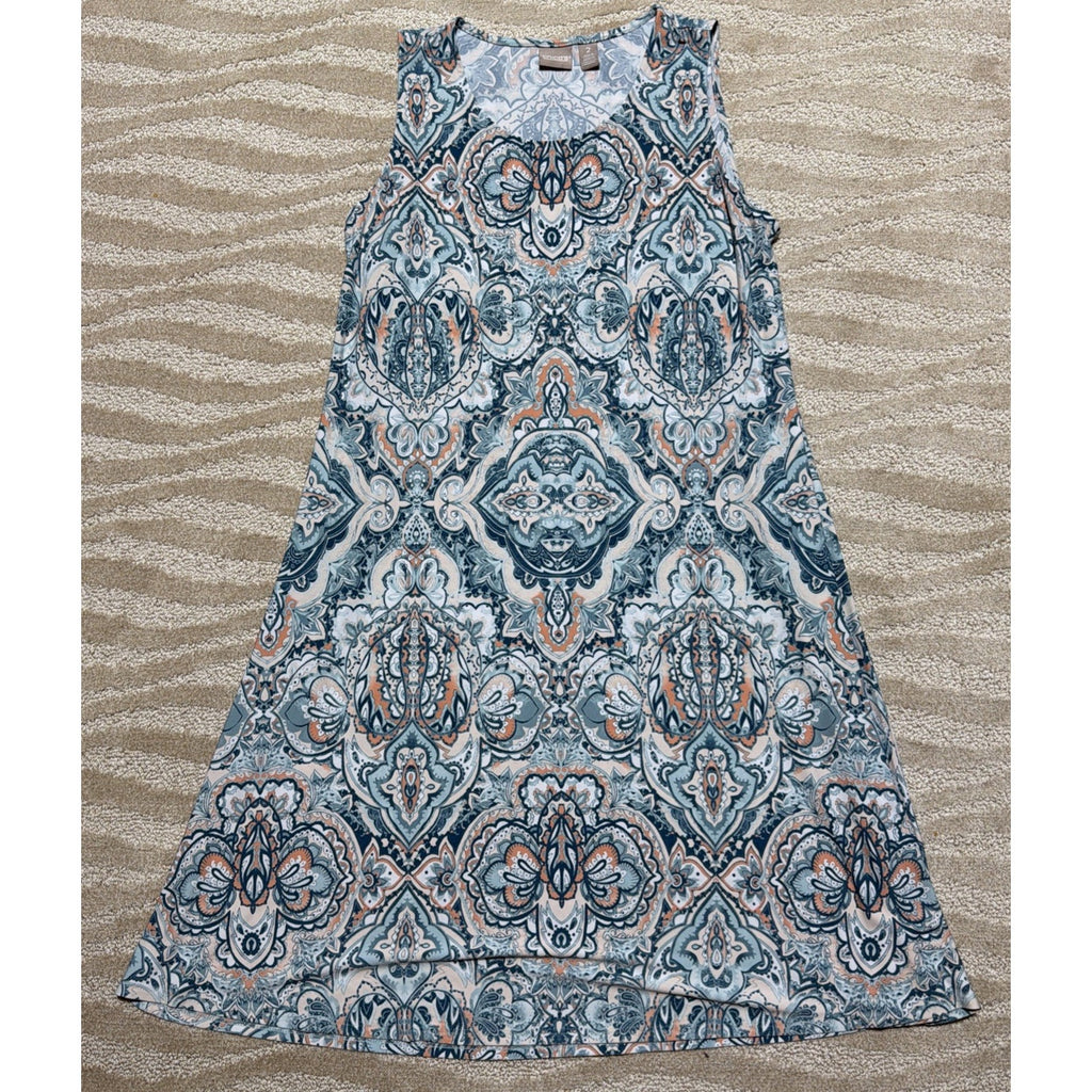 Chico’s Size 2 Blue Paisley Sleeveless Swing Dress Stretch A-Line L 12 EUC