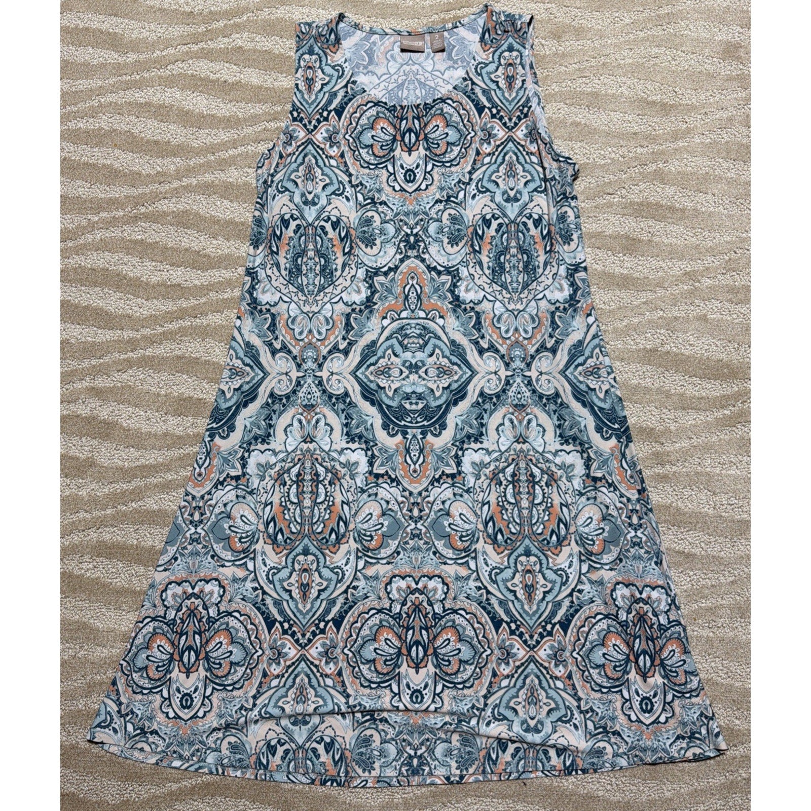 Chico’s Size 2 Blue Paisley Sleeveless Swing Dress Stretch A-Line L 12 EUC