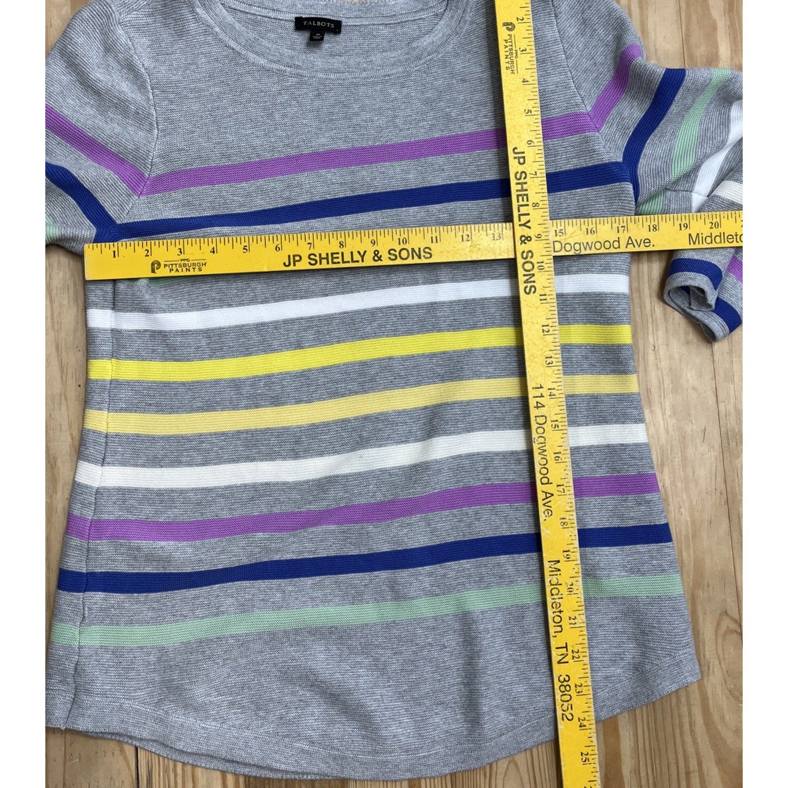 Talbots Petite Women's Gray W/Multicolor Stripes 3/4 Sleeve Buttons Sweater M