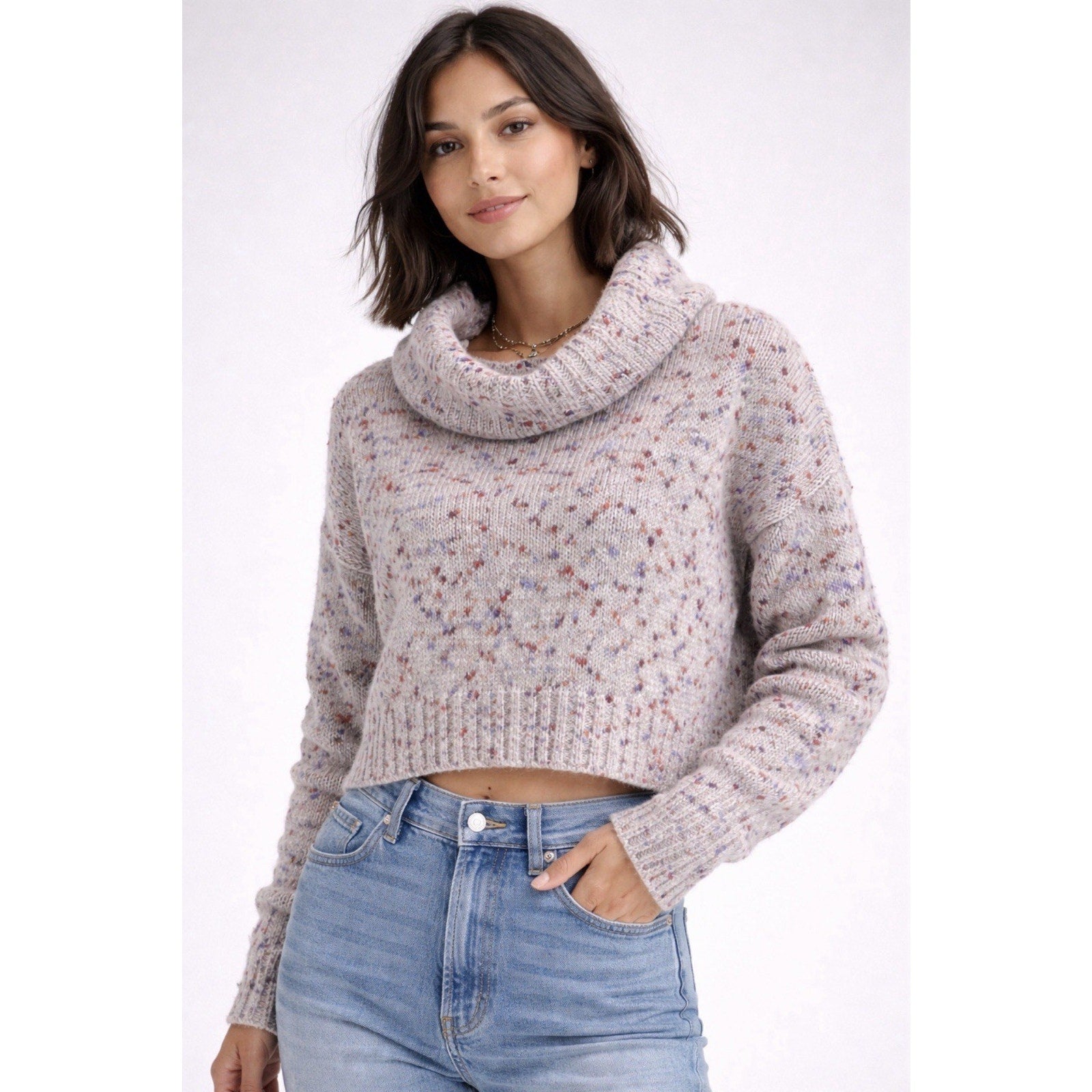 BP Slouchy Cowl Neck Oversized Crop Sweater Top Size XS Long Sleeve Multi NEW