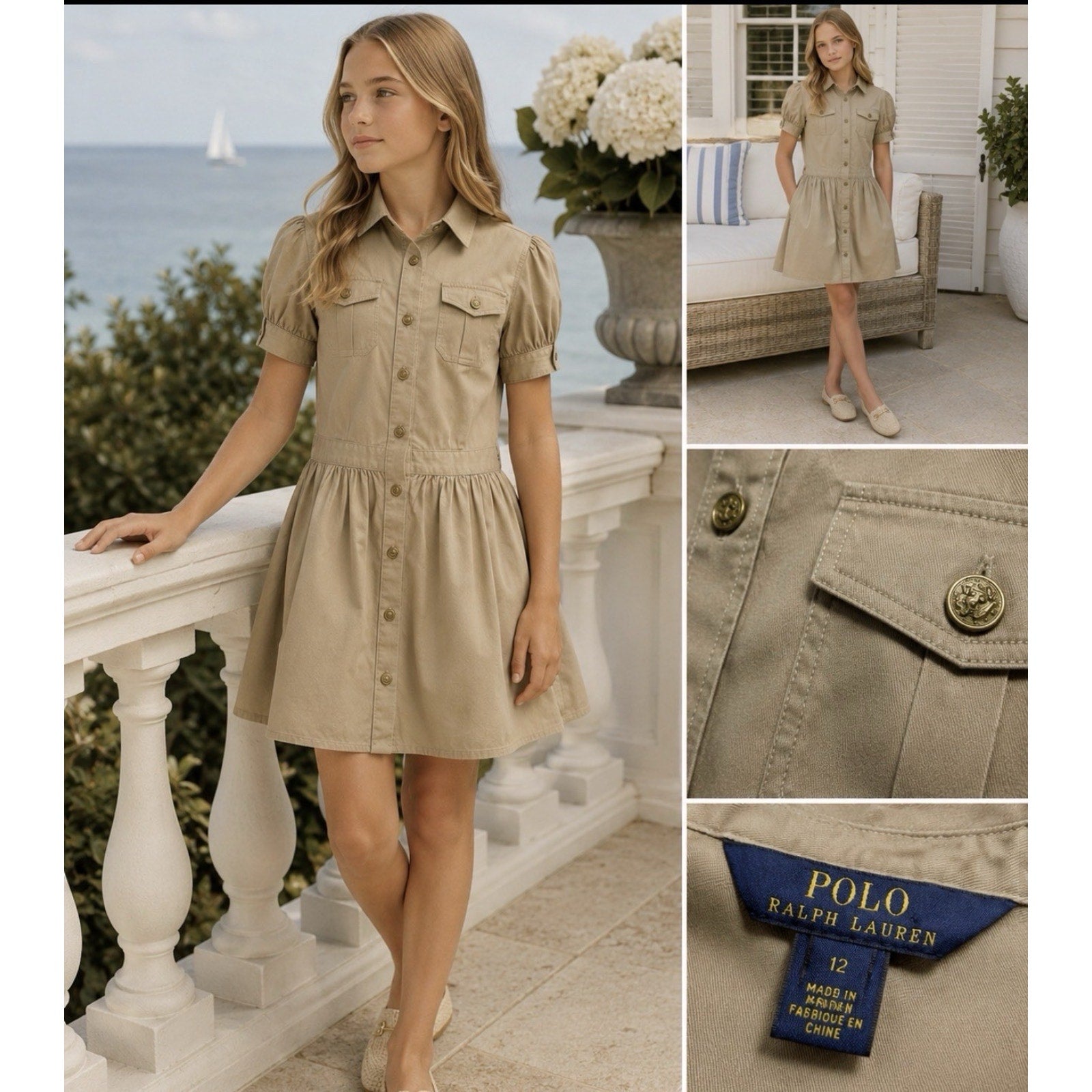 Polo Ralph Lauren Girls 12 Beige Solid Twill Collared Shirt Dress Button Front