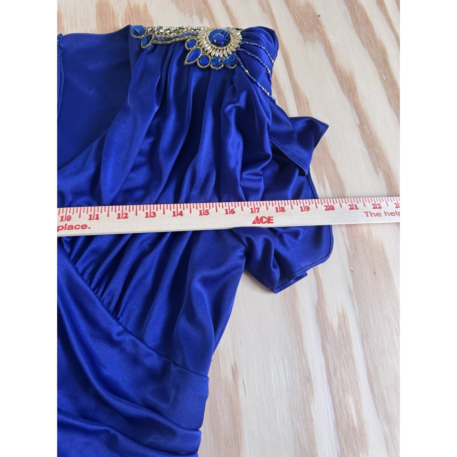 Royal Blue Embellished Padded Shoulder Dress Draped Ruffle Hem Cocktail Party M