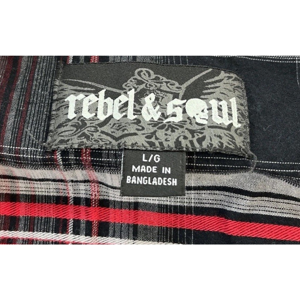 Rebel Soul Western Red Plaid Shirt Large Black Button Up Short Sleeve Mens