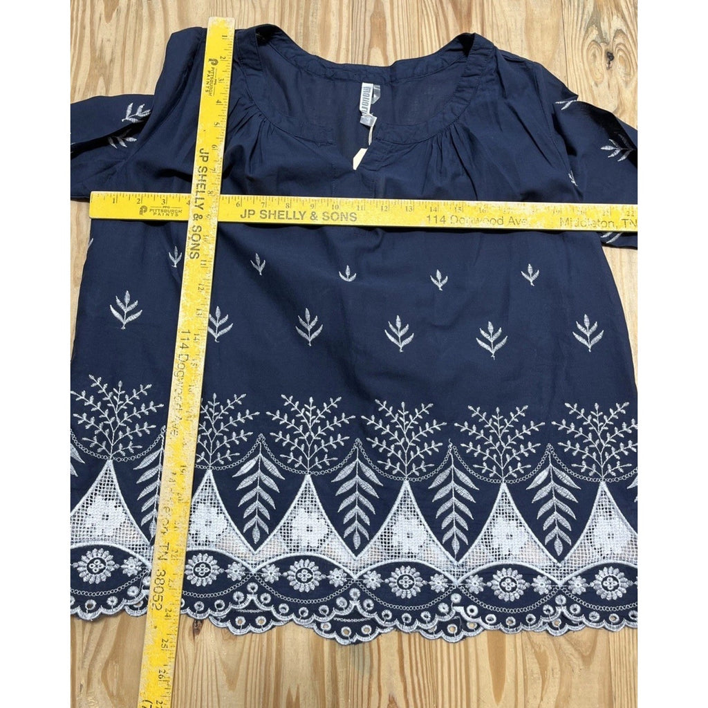 MONORENO Blue Peasant Shirt Size Small Cotton Gauze Crochet Relaxed Top NWT
