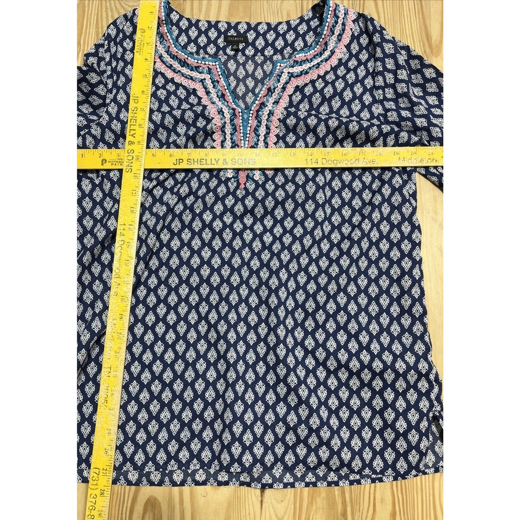 Talbots Top Womens M Blue Embroidered 3/4 Sleeves Relaxed Fit Cotton Boho Shirt