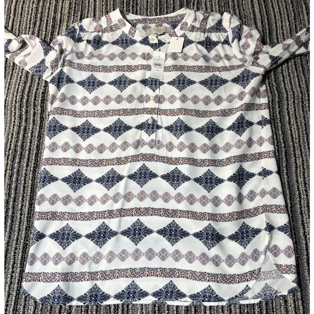 New Loft Women’s Pullover Top Red White Blue Floral Print Oversized Size XS NWT