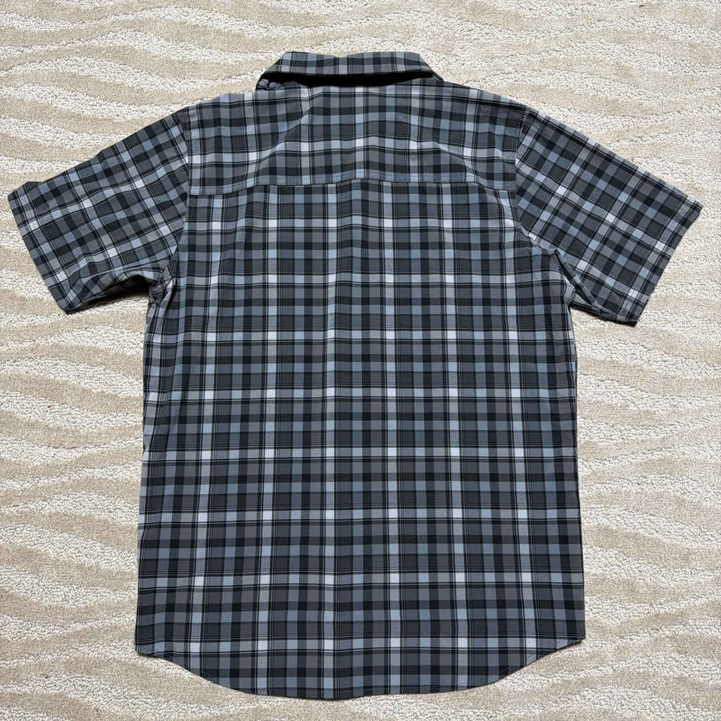 Columbia Performance Plaid Shirt Mens M Short Sleeve Button Gray Blue NWOT