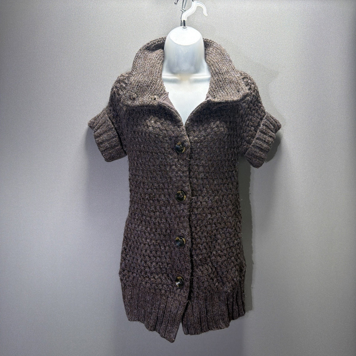 Ann Taylor LOFT Cardigan XS Petite Brown Wool Alpaca Chunky Knit Short Sleeve