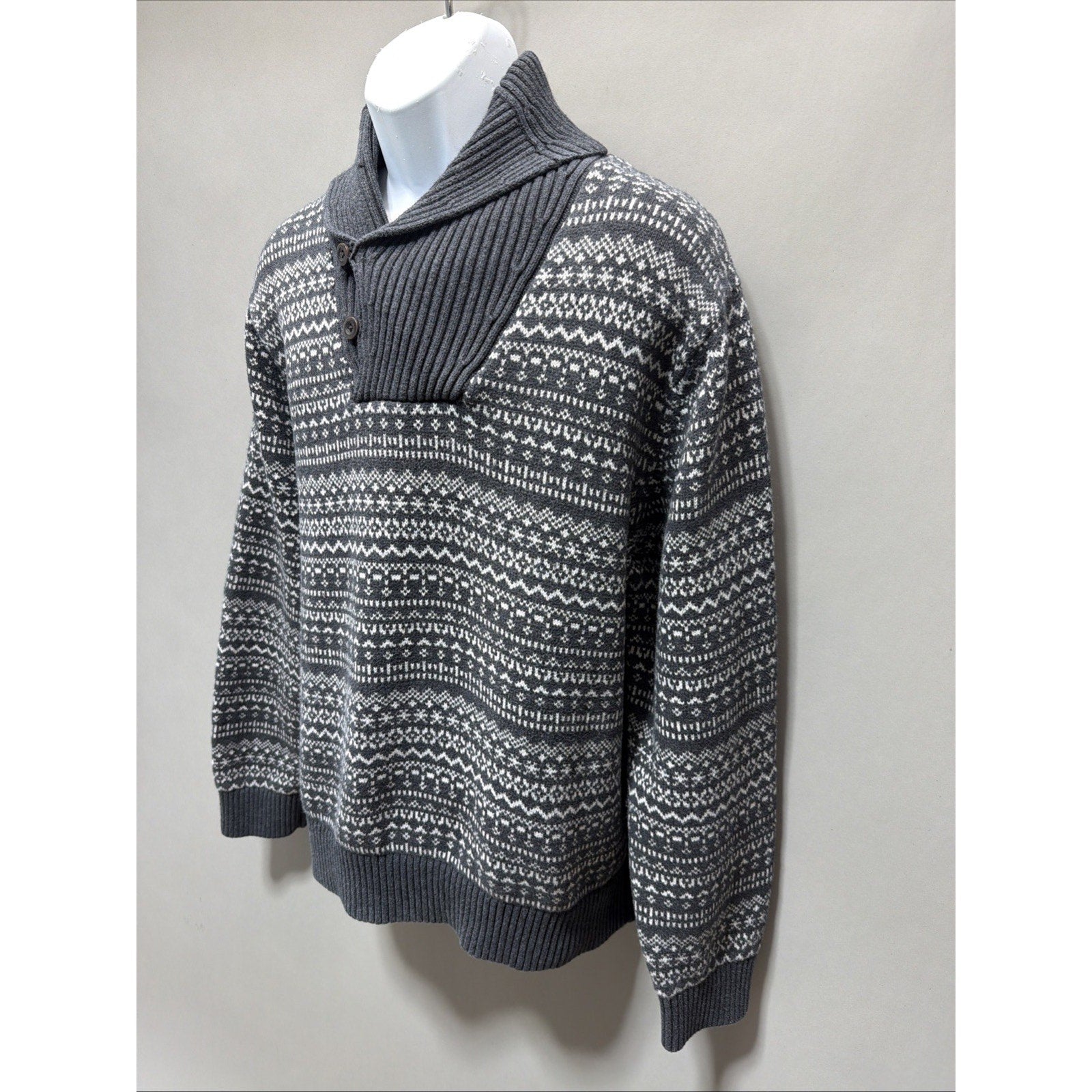 Izod Fair Isle Sweater Mens XXL Gray Wool Blend 1/4 Button Pullover Thick Knit