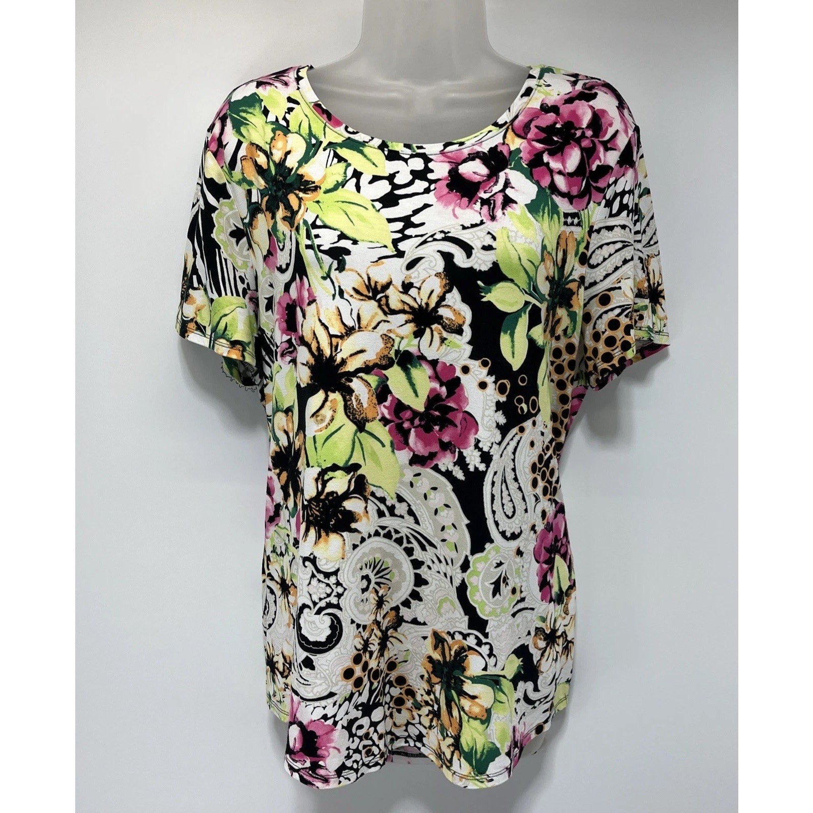 Chicos Top Women 2 US L Multi Floral Blouse Colorful Stretchy Bloomcore Mature