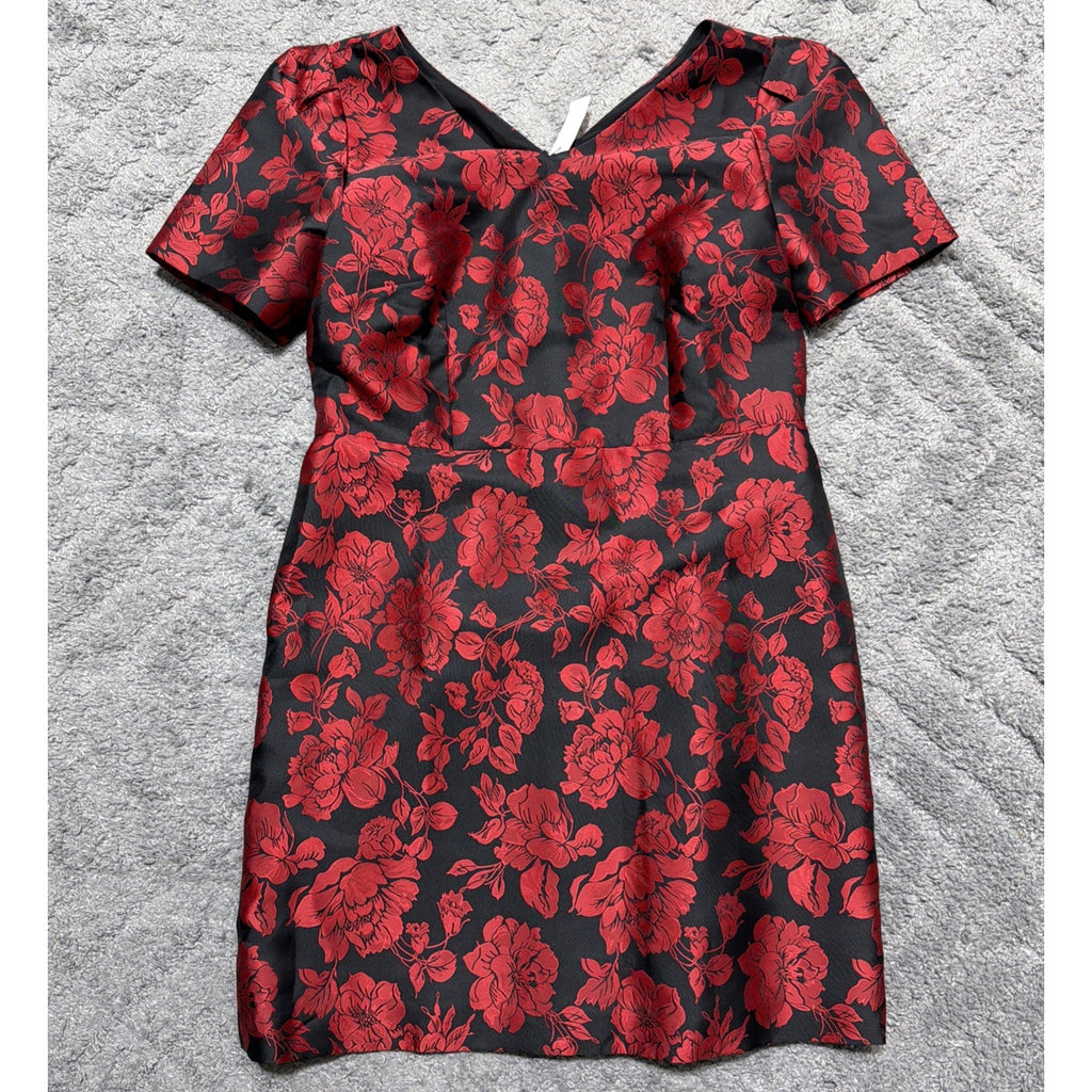 NWT Talbots Back Bow Floral Jacquard A-Line Dress Size 14P Red Black Msrp 179$